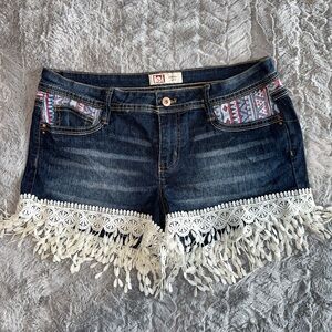 LEI Women's Blue Jean Shorts with White Fringe